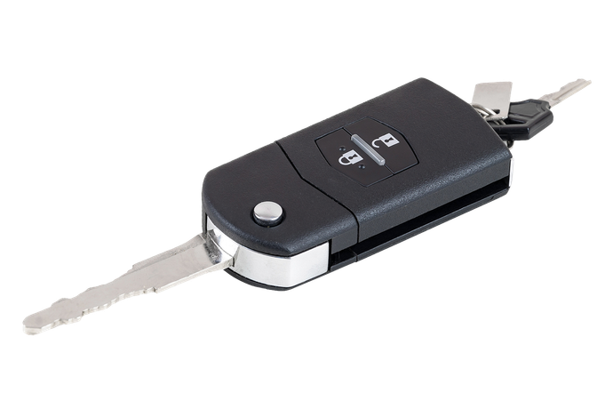 Llavero de coche de color negro con dos llaves metálicas que se extienden hacia afuera.