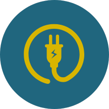 A yellow plug with a lightning bolt on it is in a blue circle.