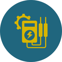 A blue circle with a yellow icon of a voltmeter with a lightning bolt on it.