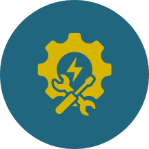 A gear with a lightning bolt and a wrench and screwdriver inside of it.