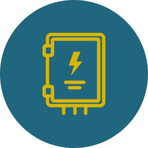 A yellow electrical box with a lightning bolt on it is in a blue circle.