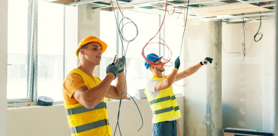 Two construction workers are working on the ceiling of a building.