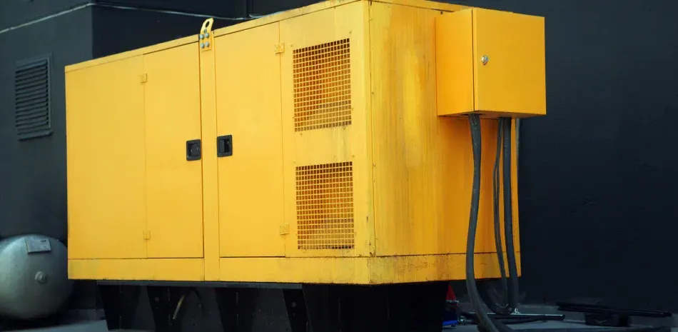 A yellow generator is parked in front of a building.