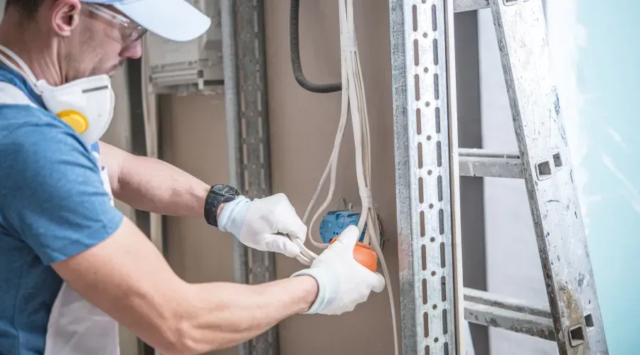 A man wearing a mask and gloves is working on an electrical outlet.