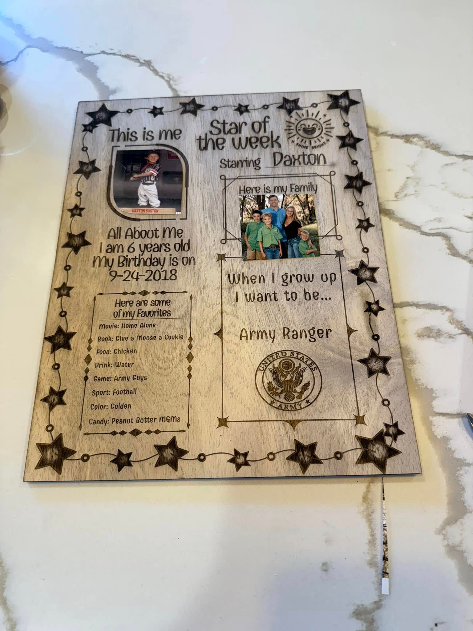 A wooden sign with a picture of a baseball player on it is sitting on a table.