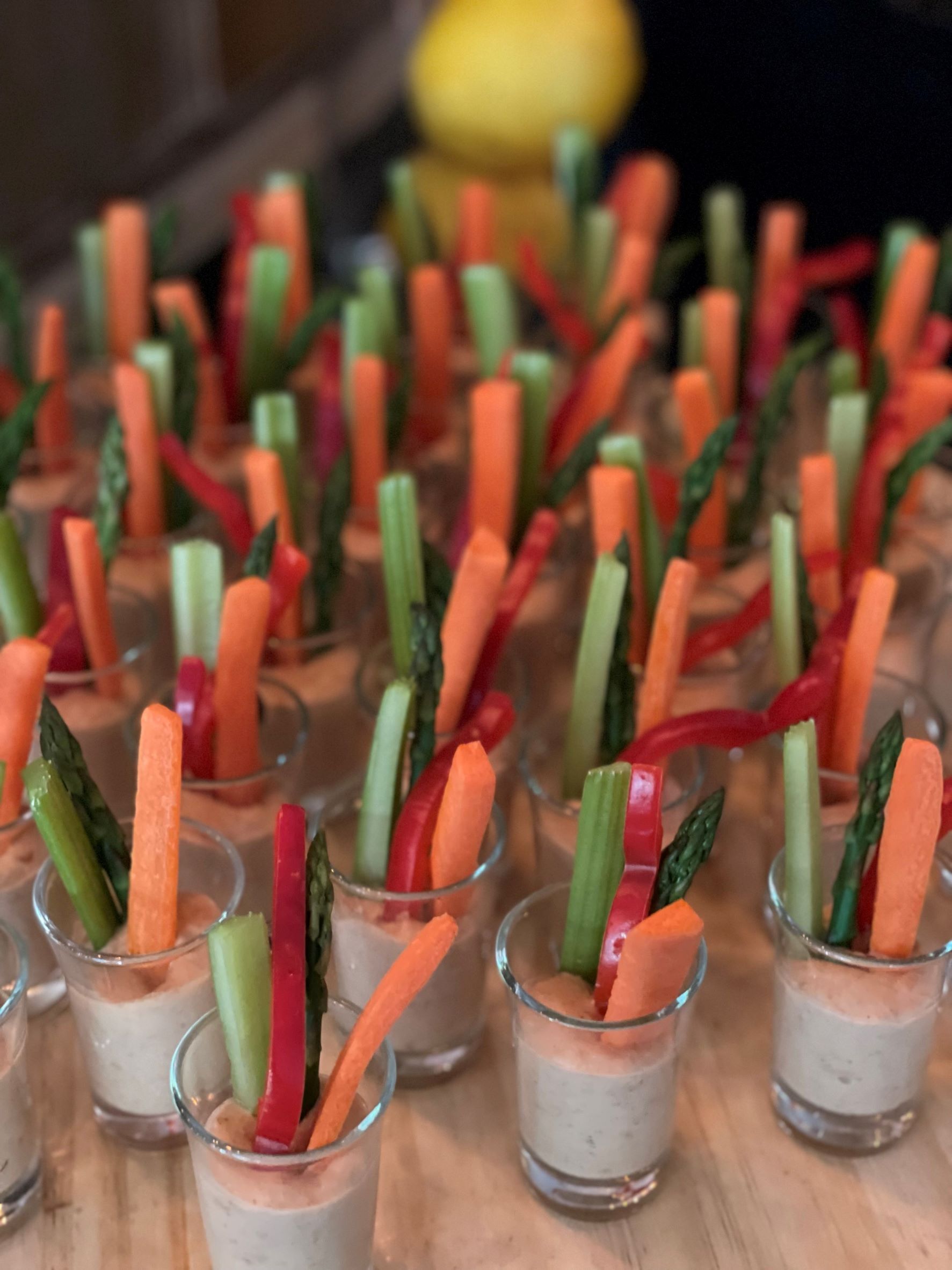Wine Country Catering these crudité cups with long cut veggies and dip for a rehearsal dinner at The Nook in Temecula, CA