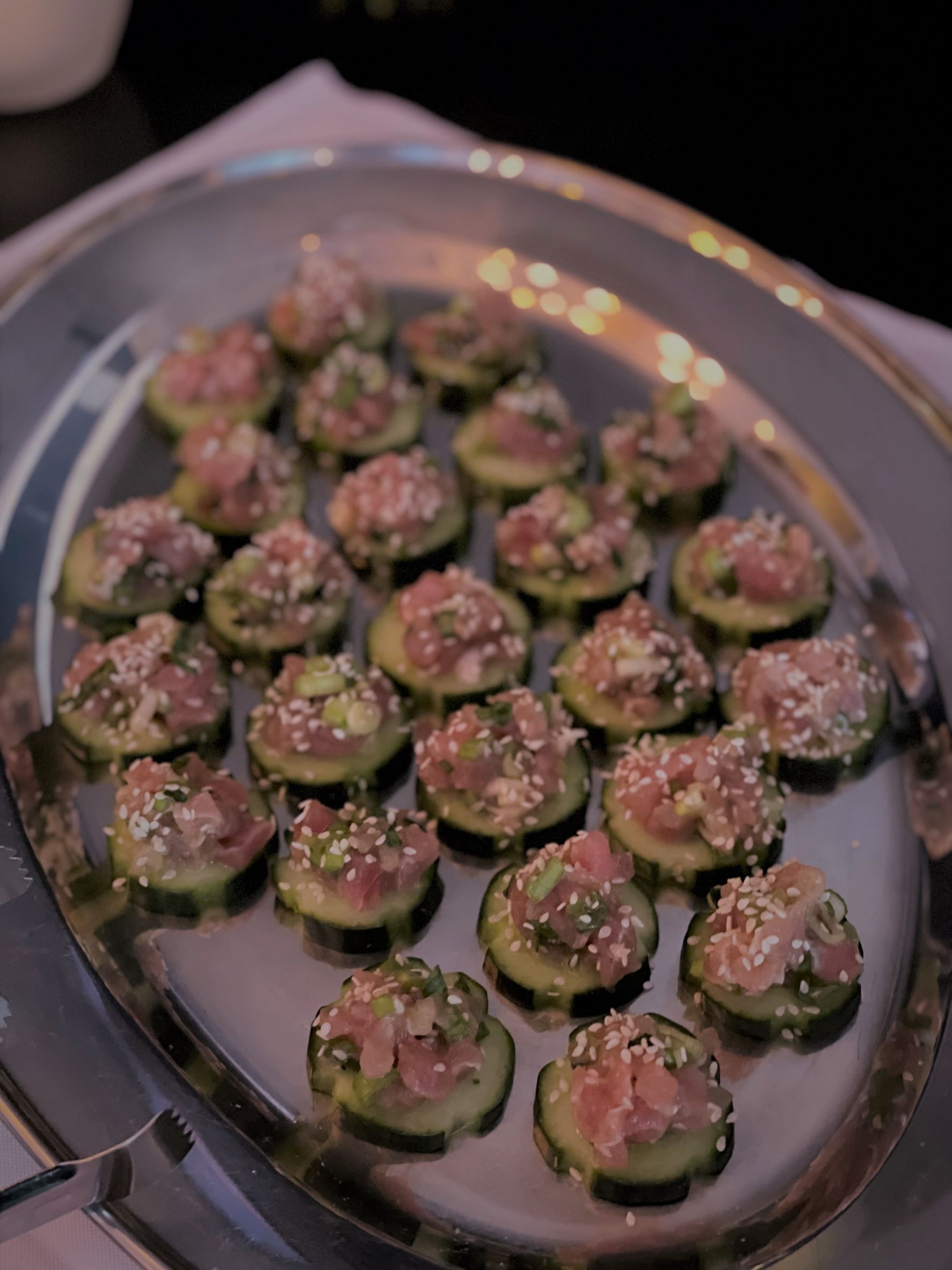 Wine Country Catering created these delicious appetizers of ahi, green onions and toasted sesame seeds atop cucumber slices for a rehearsal dinner at The Nook in Temecula, CA