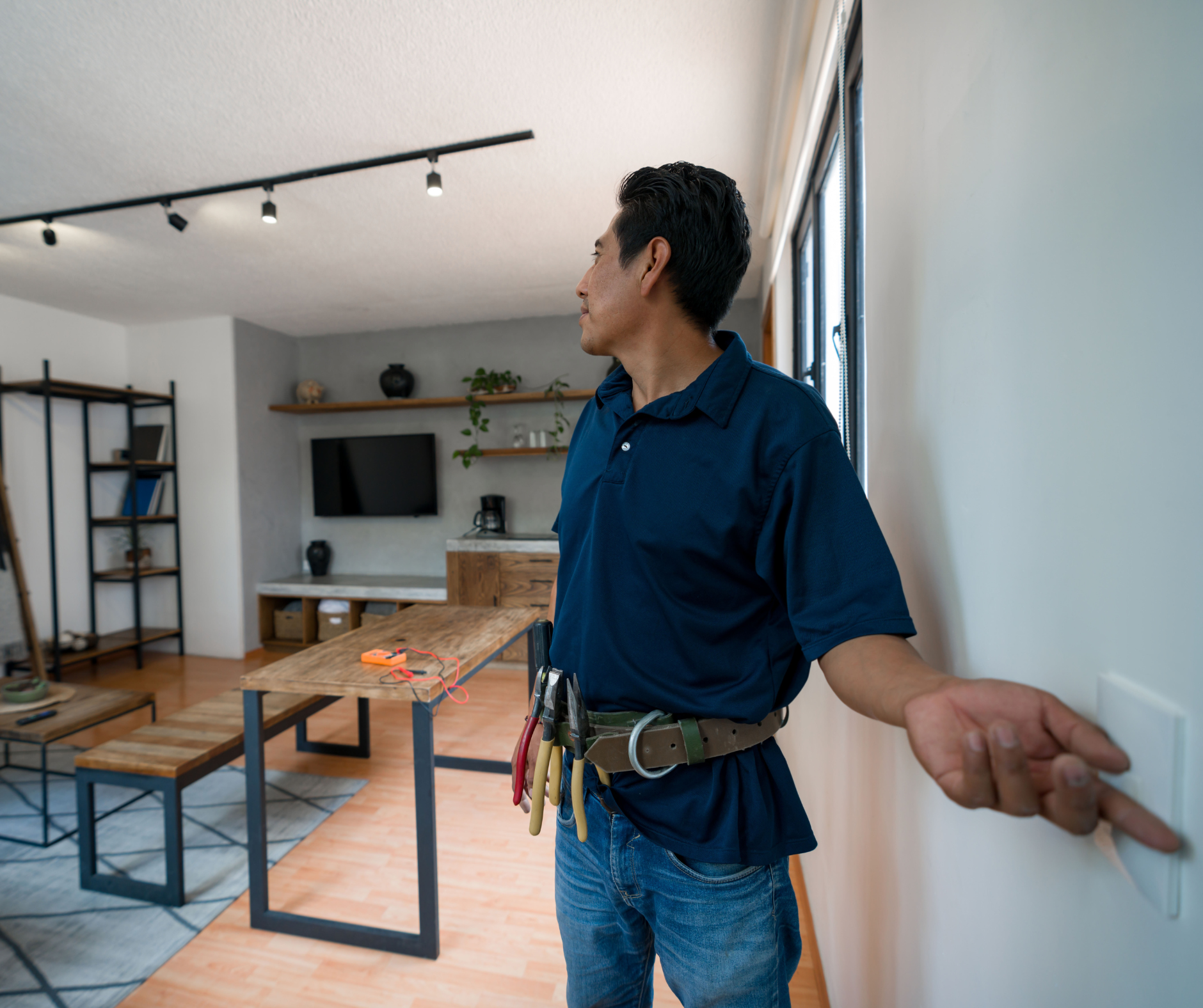 Man in blue shirt, by light switch, looking at track lighting in a modern room.