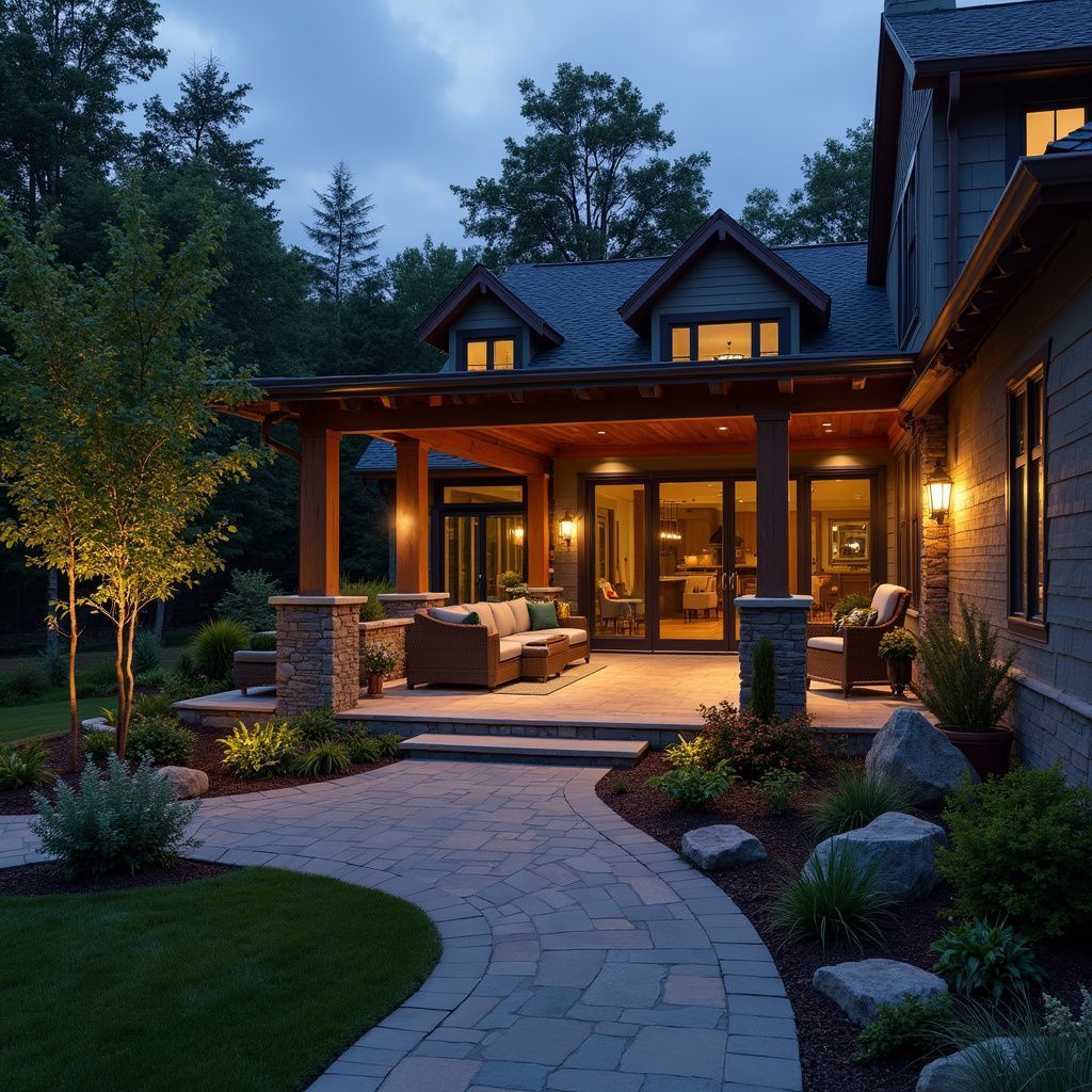 Nighttime view of a home's illuminated patio with seating, pathway, and landscaping.