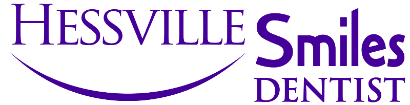 The logo for hessville smiles dentist has a purple smile on it.