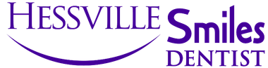 The logo for hessville smiles dentist has a purple smile on it.