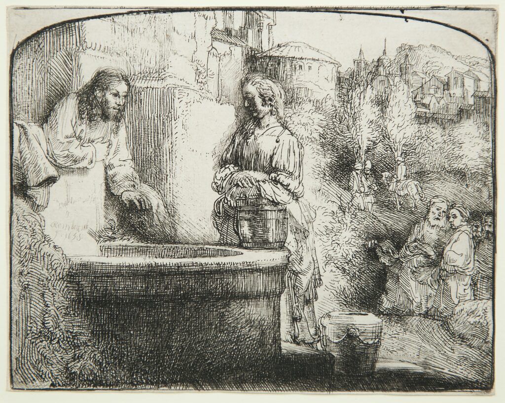 Rembrandt's etching depicting Jesus and the woman at the well, surrounded by other figures in a garden setting.