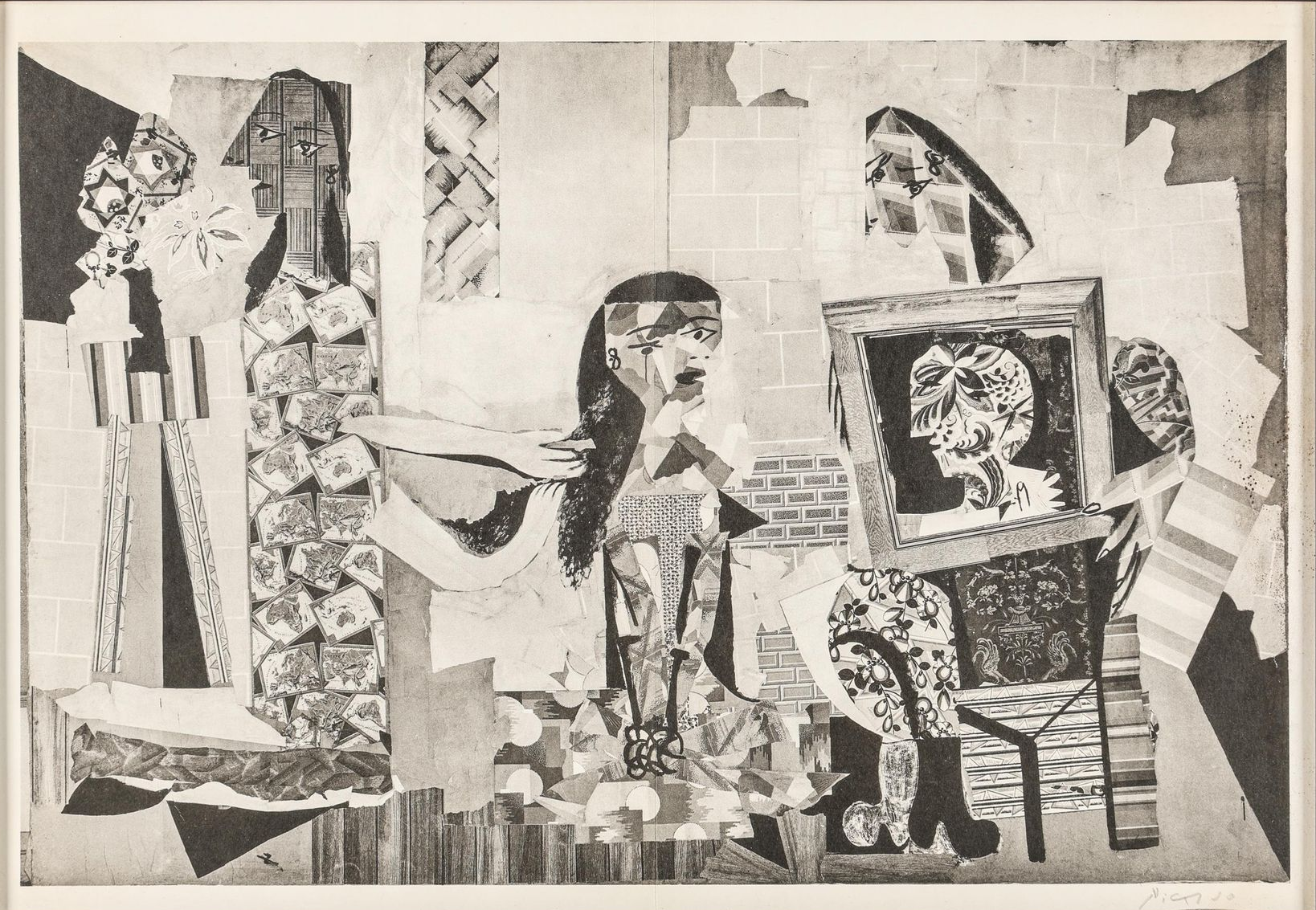 Collage of figures with geometric patterns and textures in a room setting, black and white.