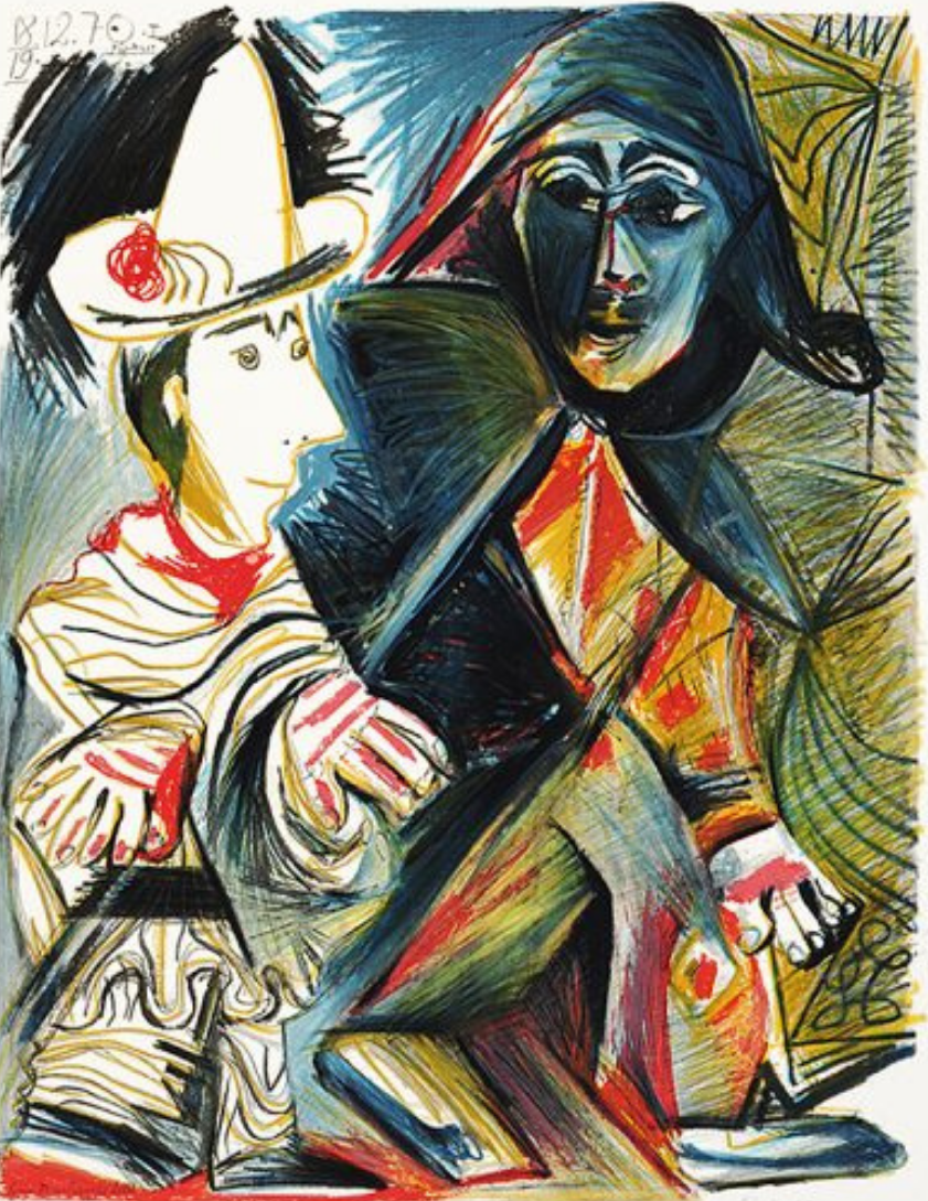 Two stylized figures: one in a hat, the other wearing a jester's cape; bold colors, abstract background.