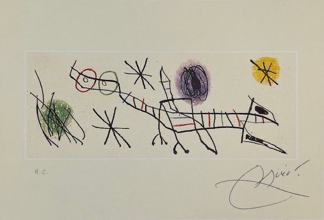 Abstract artwork with a black linear creature, stars, and colorful circles.