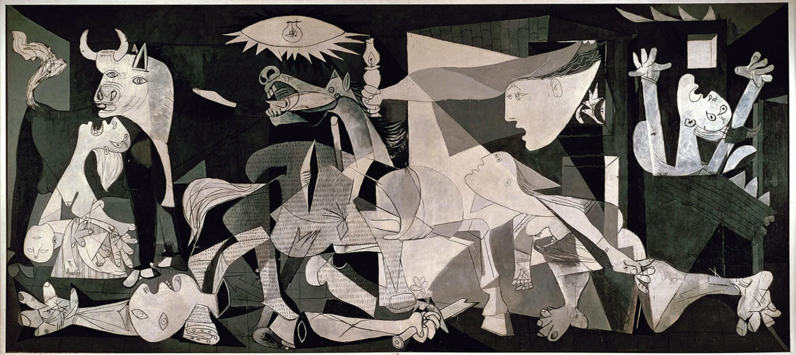 Picasso's Guernica: Cubist depiction of a chaotic scene with a bull, horse, figures, and intense expressions.