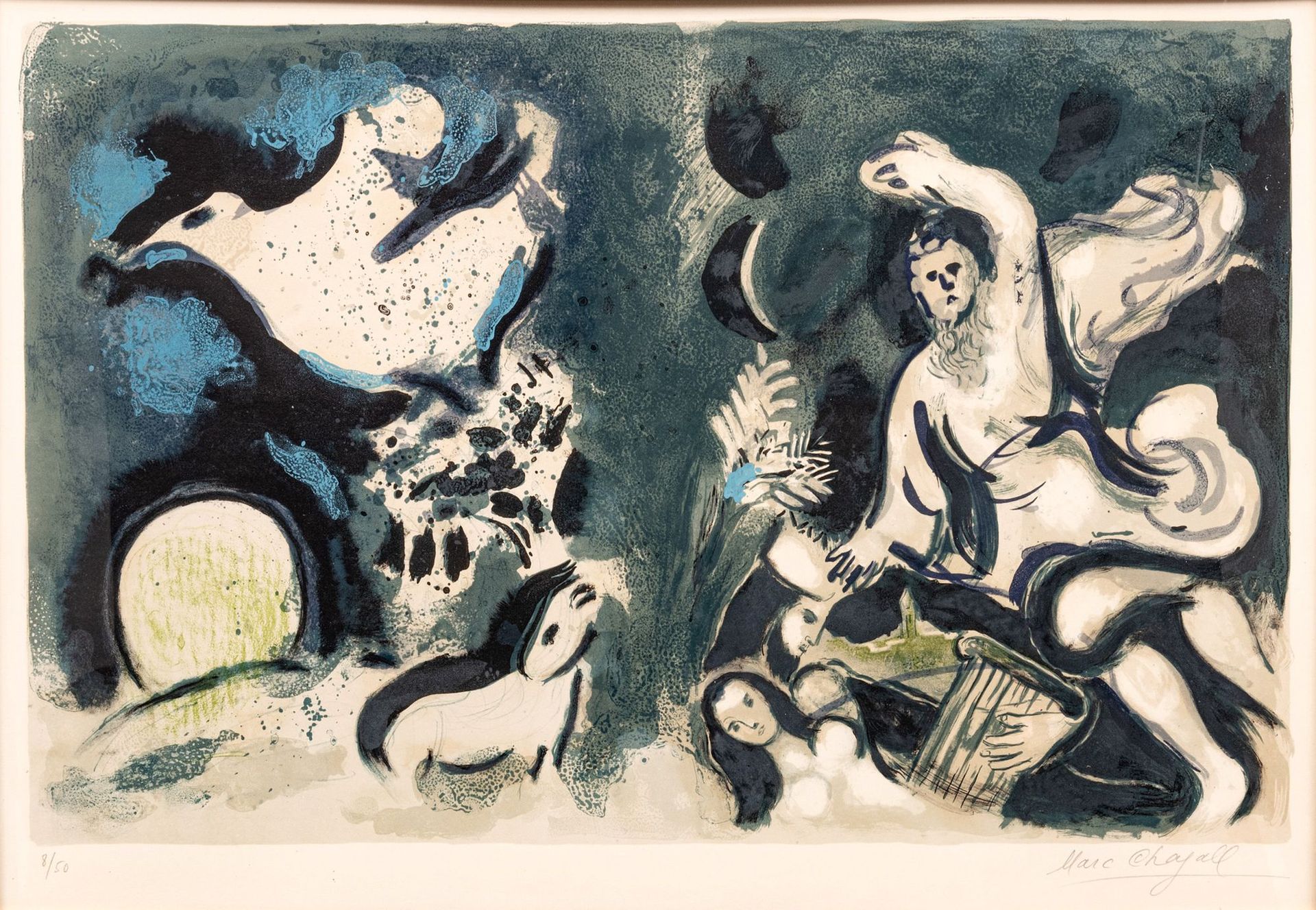 Lithograph with blue, white, and black figures. Man with upraised arm, figures below; white bird above horse-like creature.