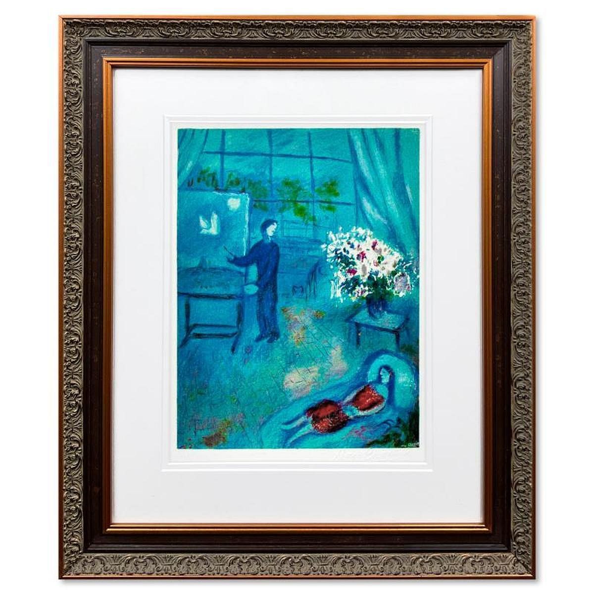 A framed, teal-toned artwork of a figure painting in a room with a floral bouquet and a woman reclining on a couch.