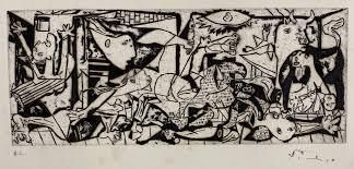 Cubist black and white etching with distorted figures, potentially depicting a scene of chaos or conflict.
