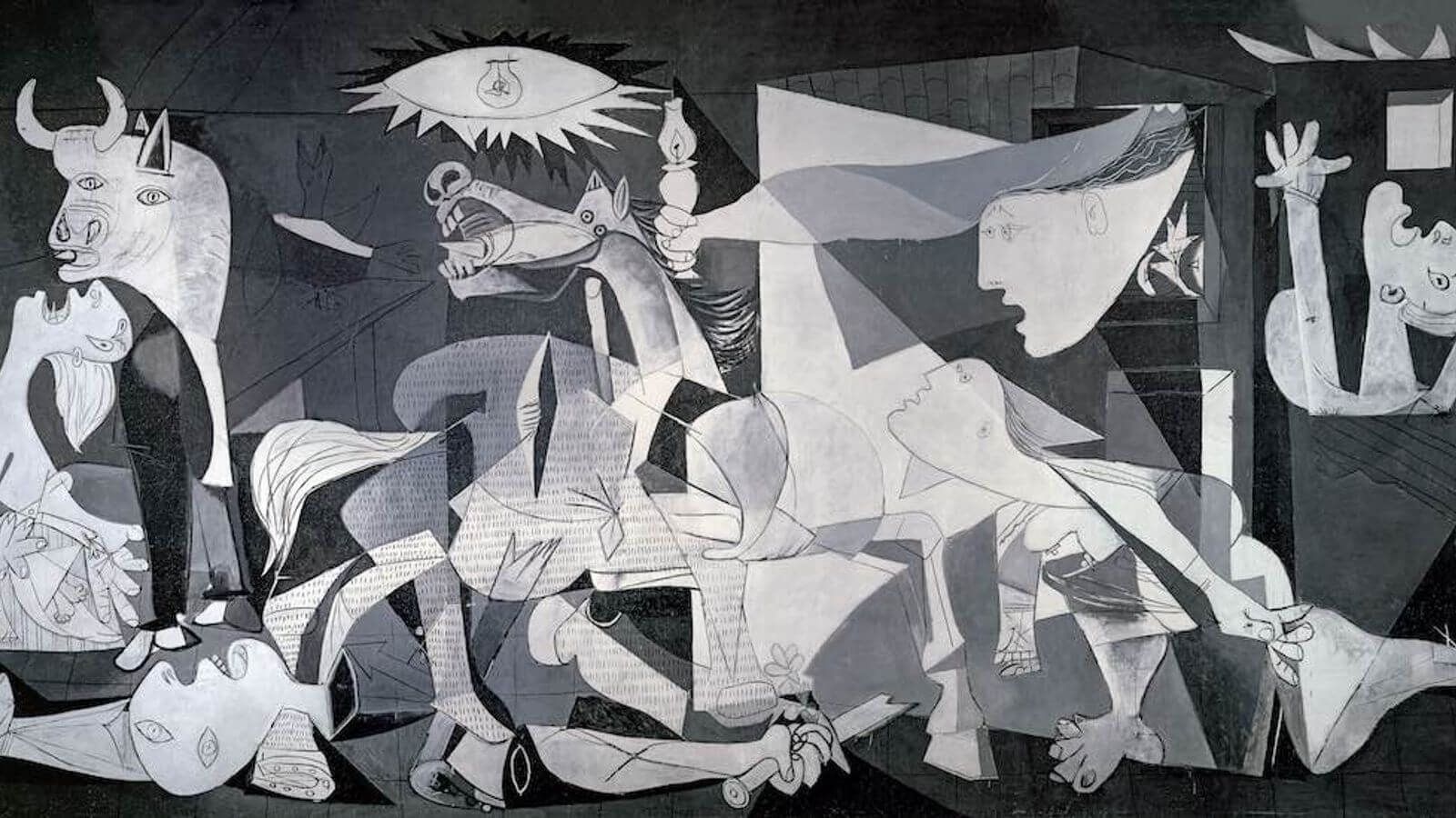 Cubist depiction of the bombing of Guernica; figures contorted, animal forms, stark grayscale.