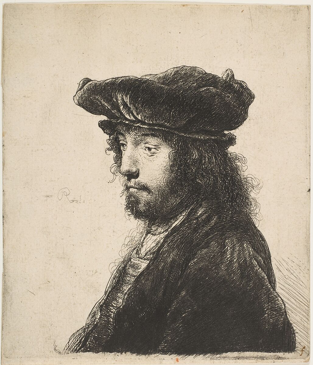 Portrait of a man with a beard and large hat, looking left in profile.