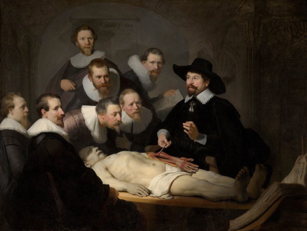Rembrandt's painting: Doctors observing a dissection. A body lies on a table; doctors study the procedure.