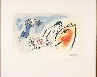 A whimsical scene by Marc Chagall. A woman rides a red-nosed horse, and a clown floats in the blue sky.
