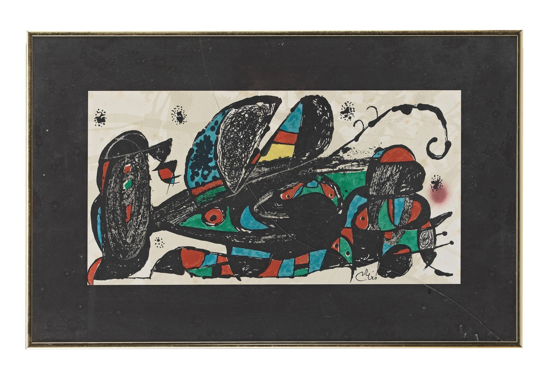 Abstract artwork with black shapes, colorful details, and dark background.