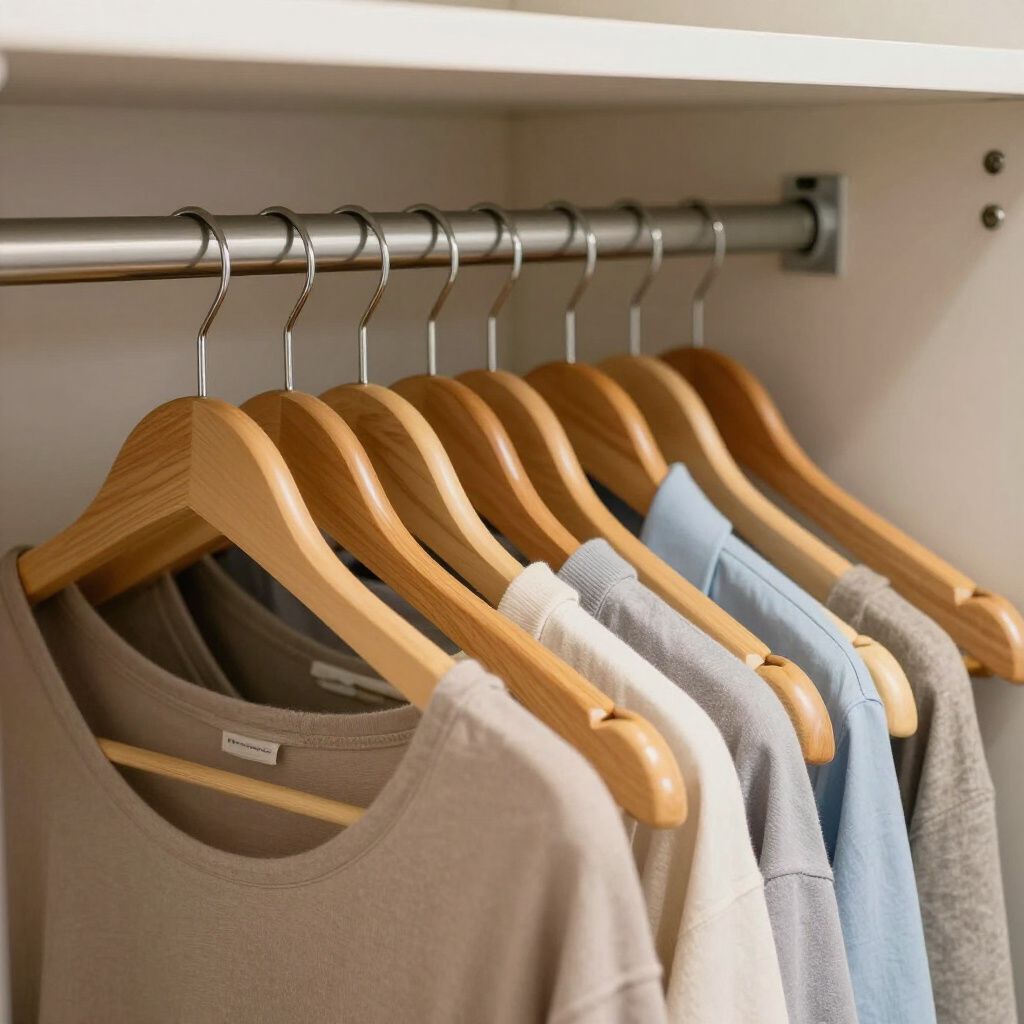 Clothes on wooden hangers inside a closet. Shirts are beige, white, gray, and blue.