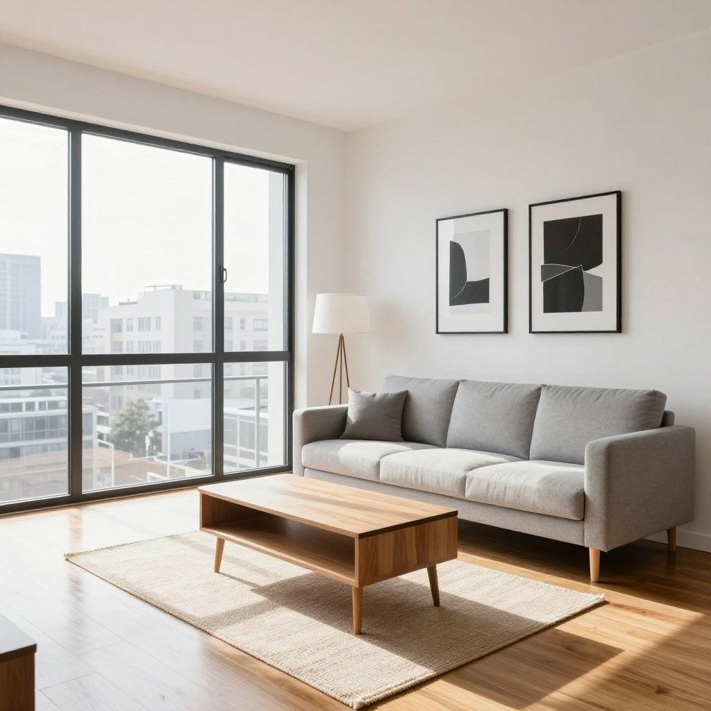 Living room with gray sofa, wooden coffee table, large window, artwork, and area rug.