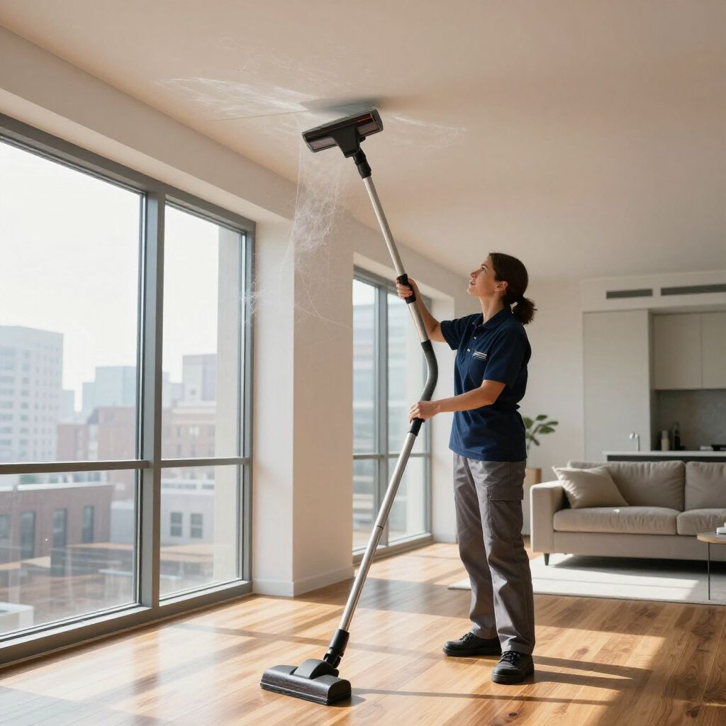 Woman vacuums a ceiling in a modern home, holding the vacuum high. Windows show city buildings, sunlight on floor.