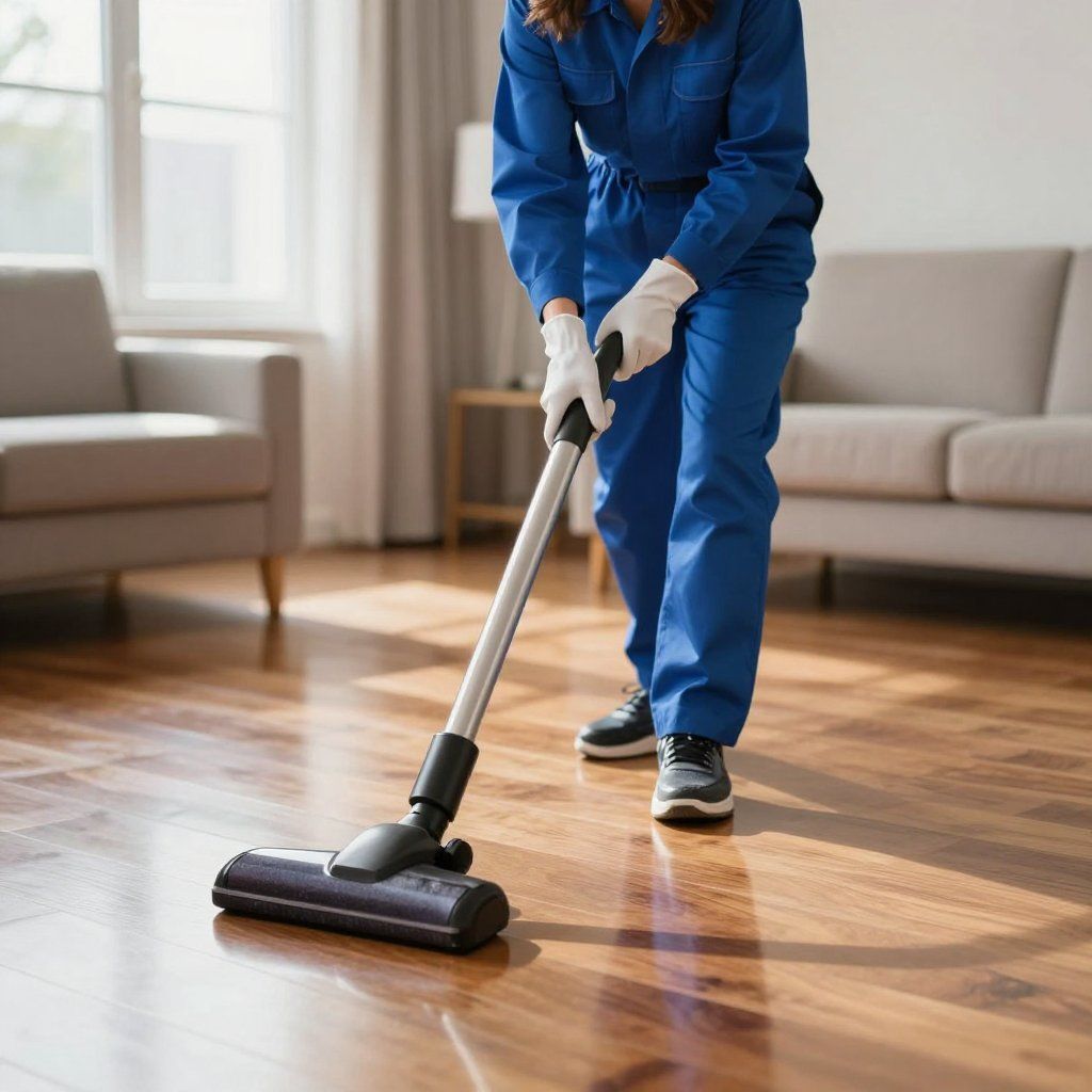 Person in blue jumpsuit vacuums a wooden floor in a living room.