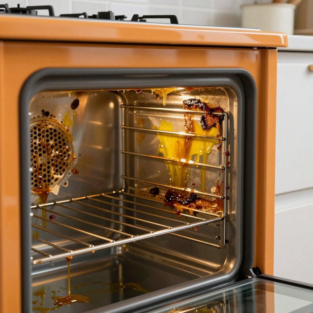 Dirty oven interior, orange exterior, splattered with cooked-on food.