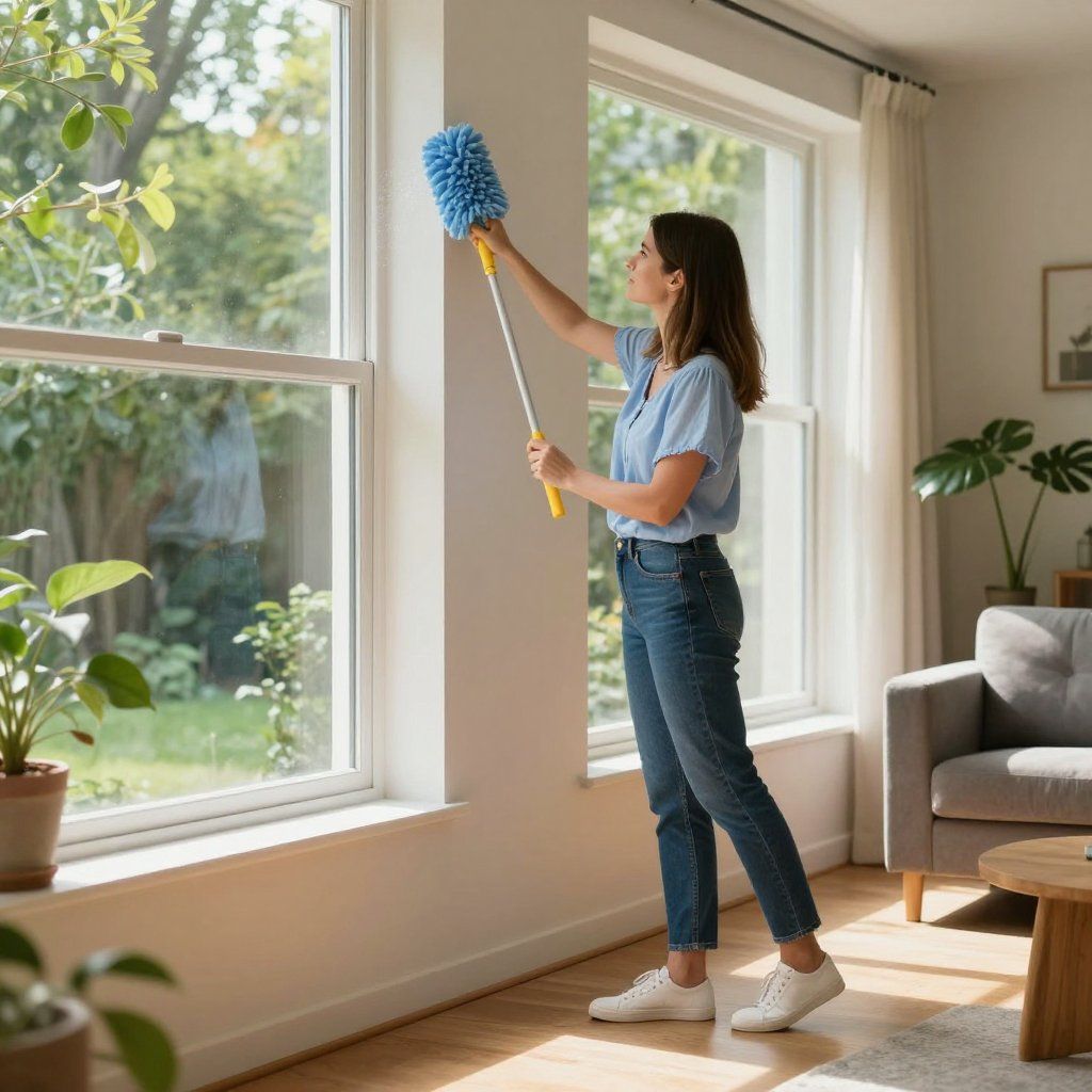 Woman cleaning window with a blue duster in a bright, modern living room.