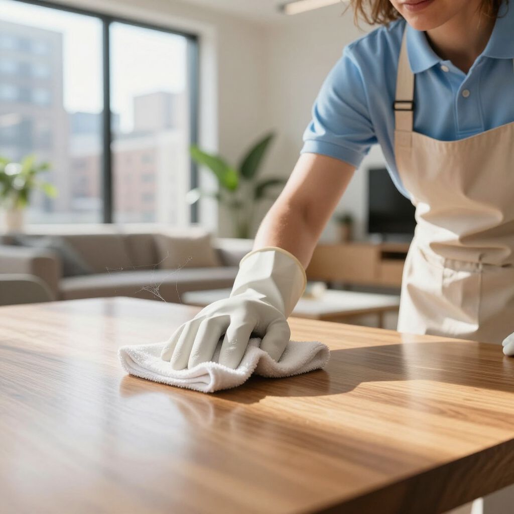 Person wearing gloves and apron wiping a wooden table with a cloth in a bright living room.