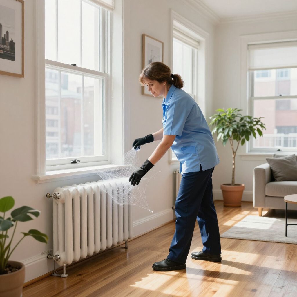 Woman cleaning a radiator in a bright living room, wearing gloves and blue uniform.