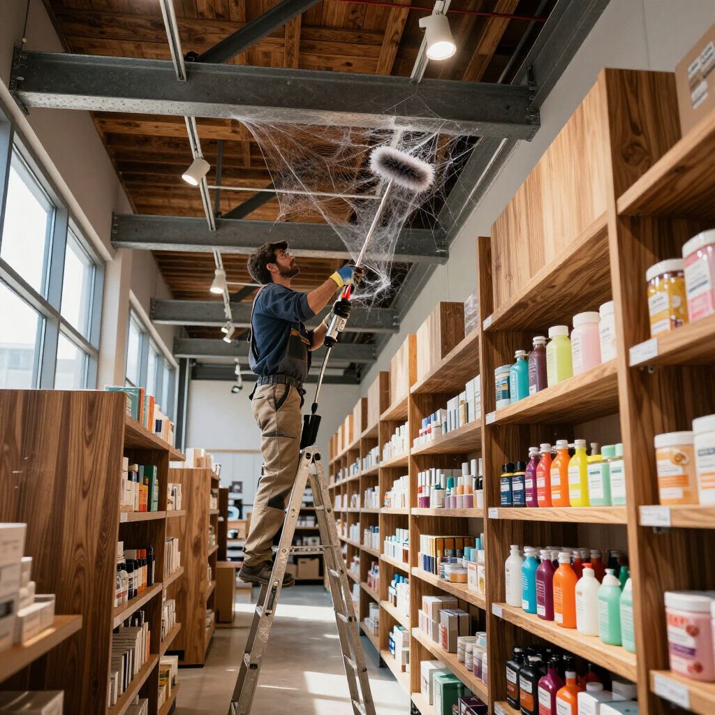 Man on a ladder cleaning a cobweb from the ceiling of a retail store with wood shelving.