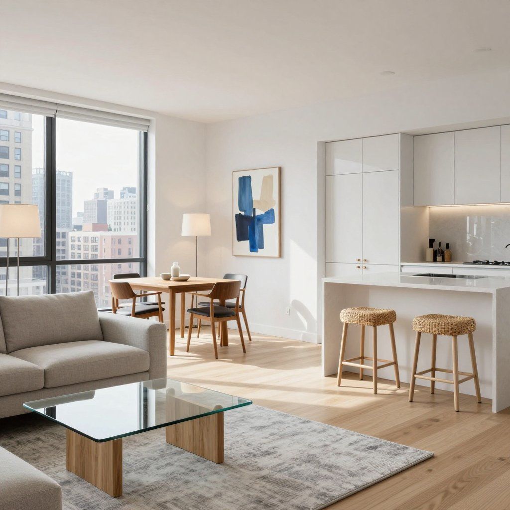 Modern living room with kitchen. Neutral colors, natural light, cityscape view.