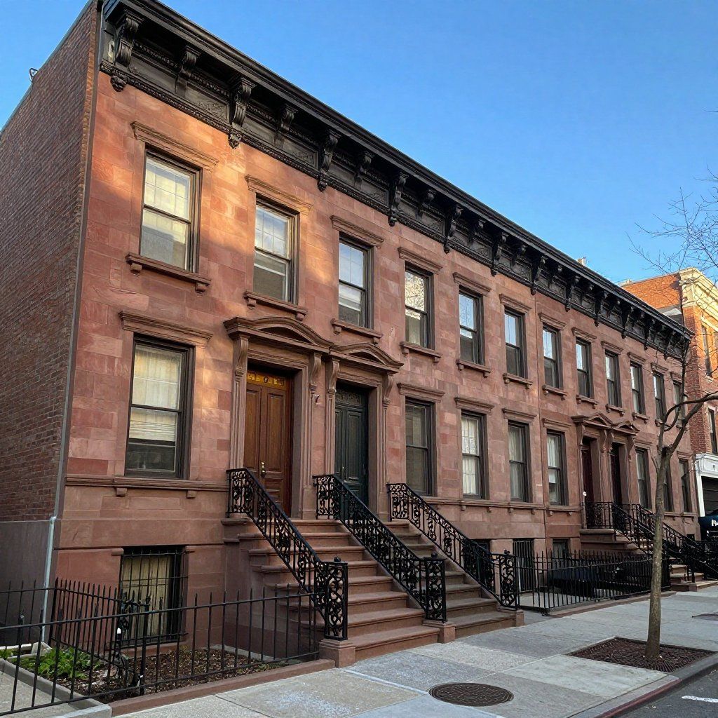 Row of brownstone buildings with steps leading to entry doors on a city street.