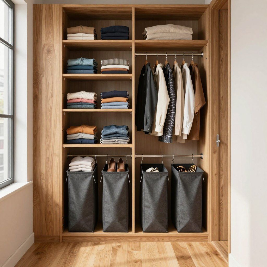 Wooden closet with folded clothes, hanging shirts, and dark gray laundry baskets.
