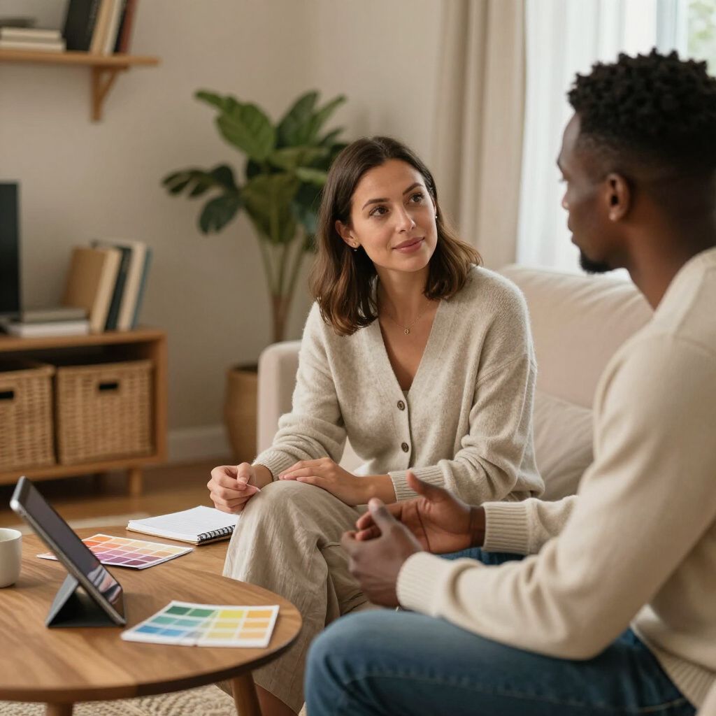 Woman and man seated, discussing; interior setting with tablet, paint swatches on table.