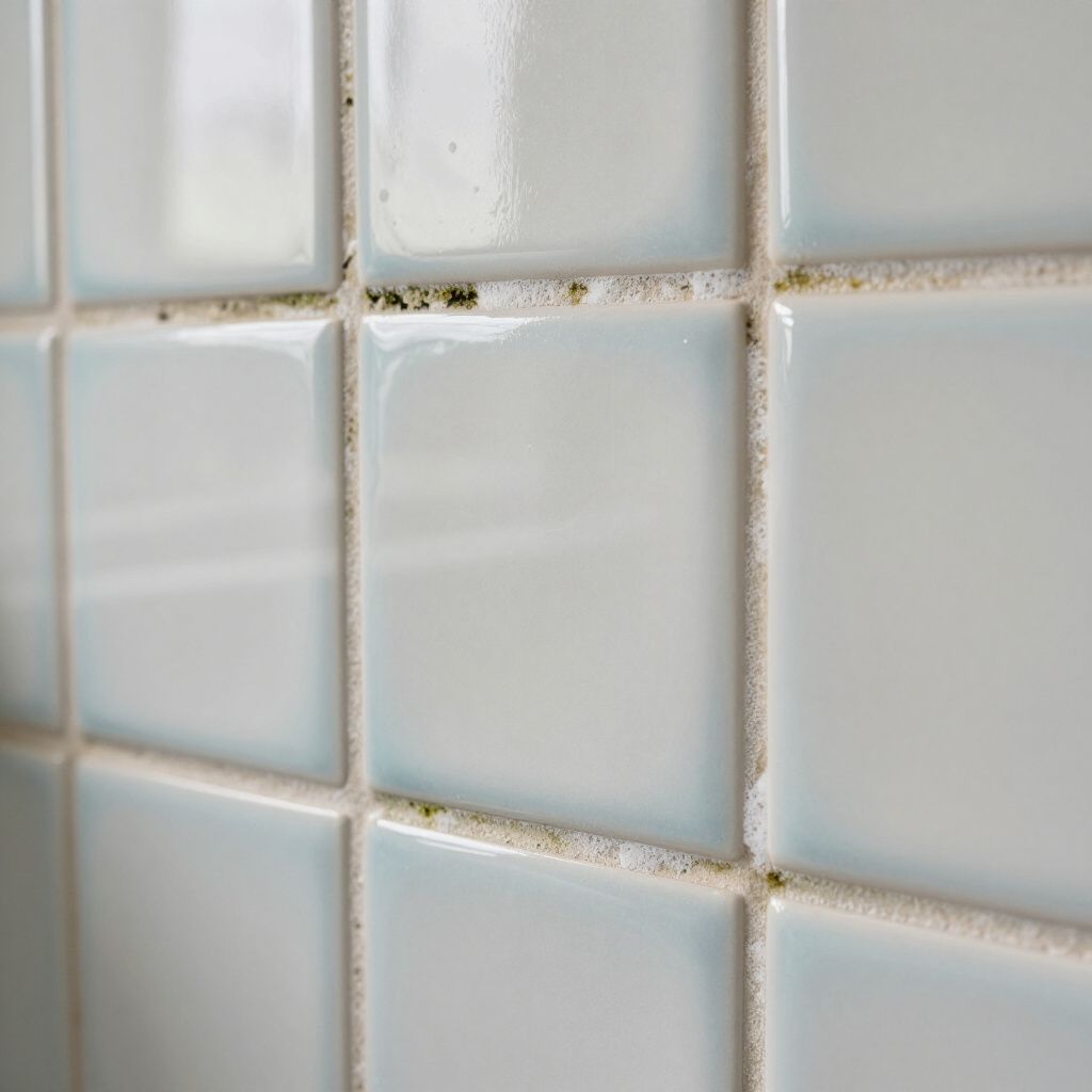 Close-up of square, light blue tiles with mold in the grout.