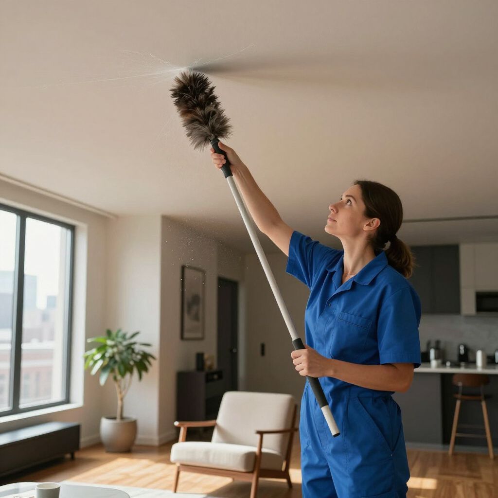 Woman in blue jumpsuit dusts ceiling with a duster in a well-lit living room.