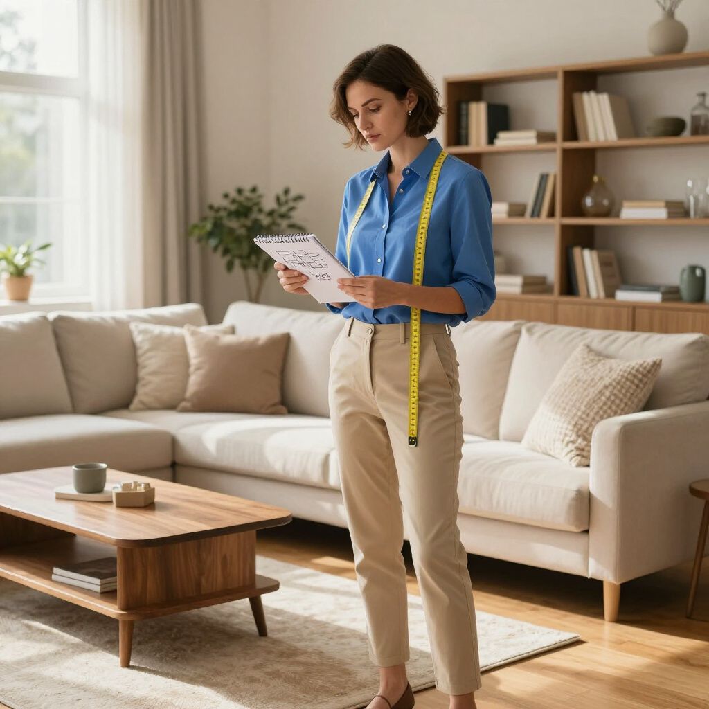 Woman in blue shirt and tan pants, measuring tape around her neck, looking at papers in a living room.