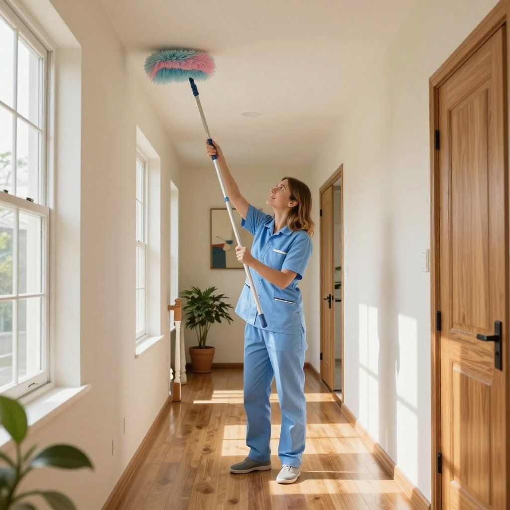 Woman in blue scrubs dusting a ceiling with an extendable duster in a hallway with windows and wooden doors.