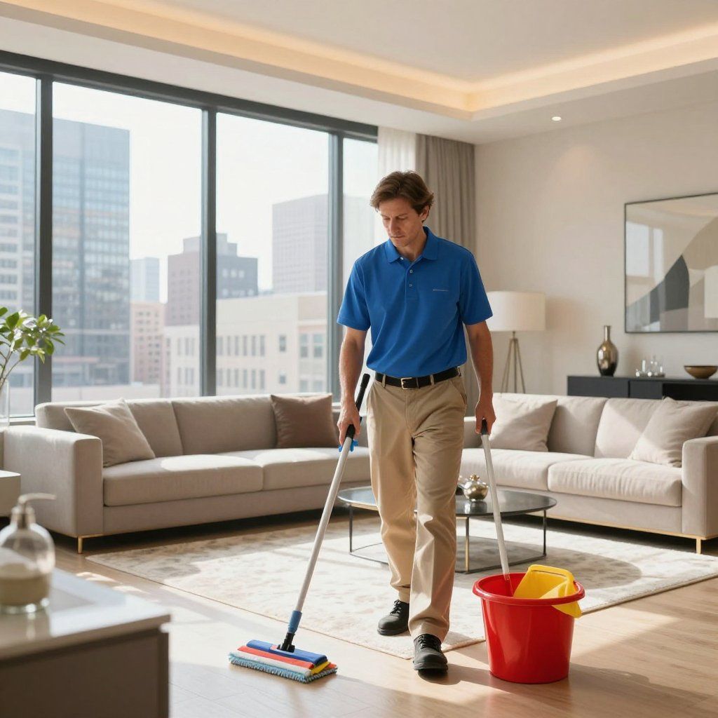 Man mopping a living room floor. He is wearing a blue shirt and khakis. A red bucket sits nearby.