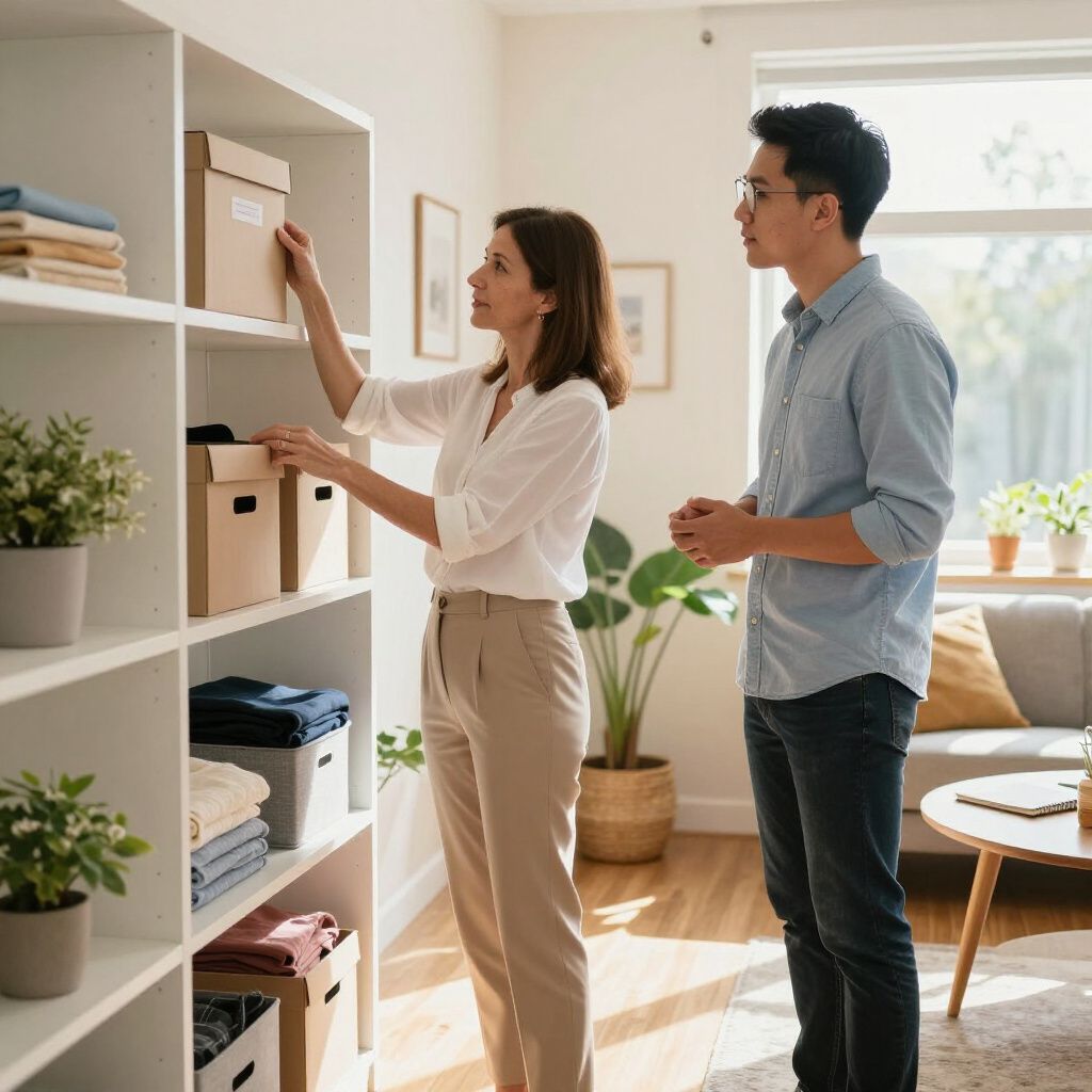 Woman placing a box on a shelf, with a man watching; in a bright, organized living room.