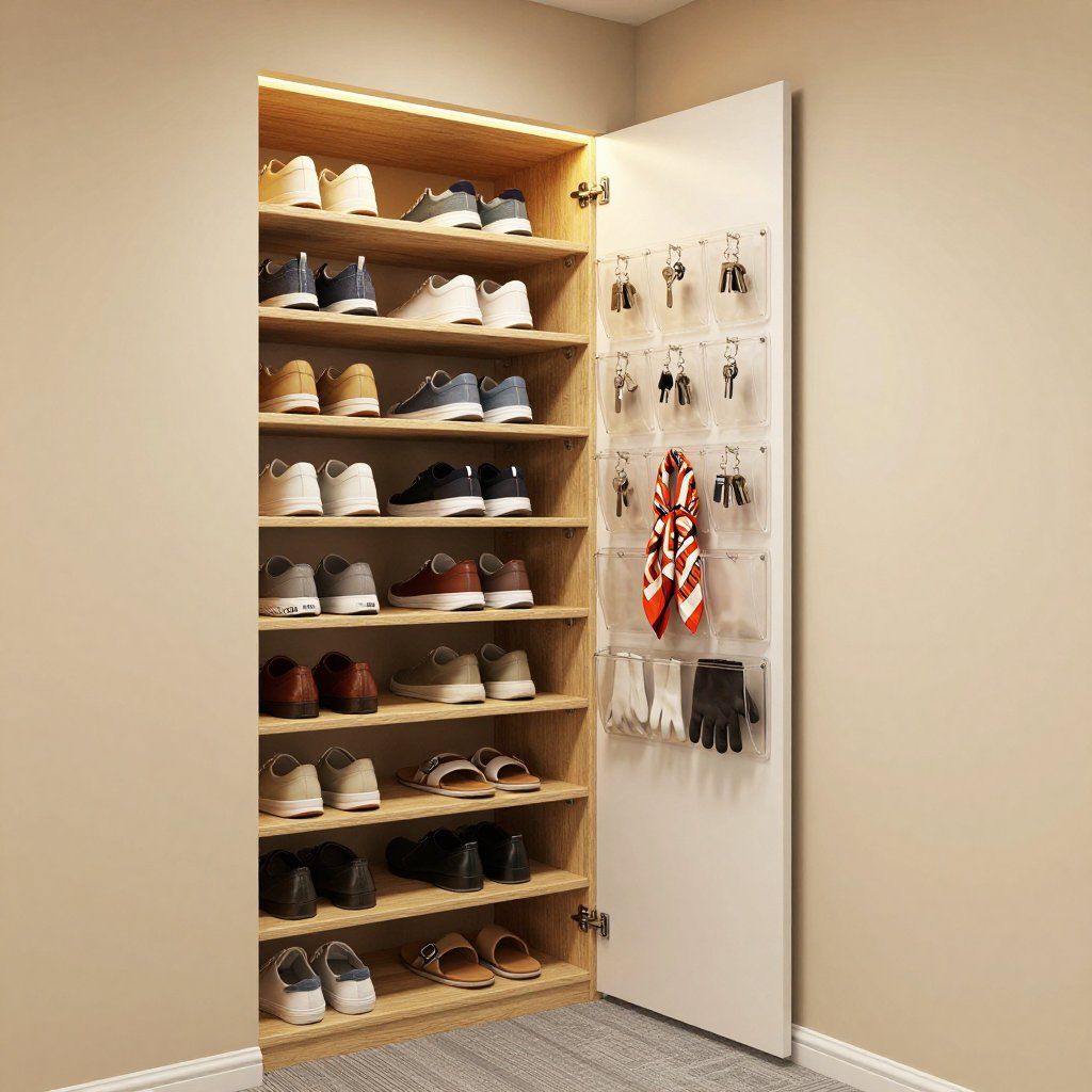 Built-in shoe cabinet with open door. Shoes on shelves, keys/accessories on door.