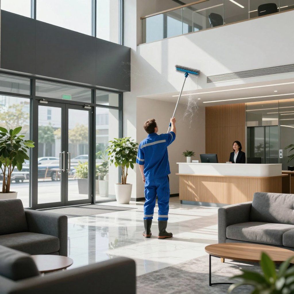 Janitor cleaning high wall in an office lobby with a glass door, plants, and a reception desk.
