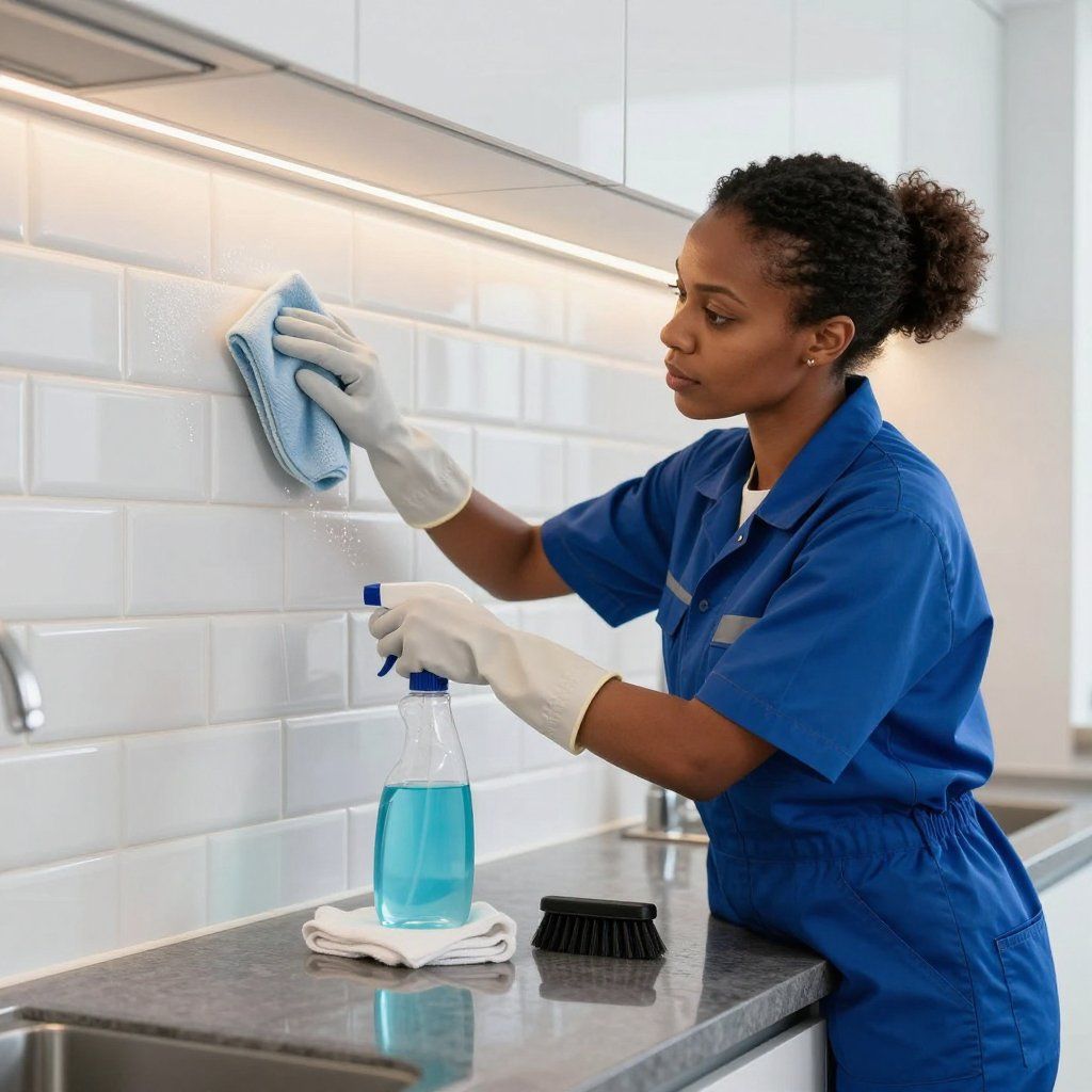 Woman in blue jumpsuit, gloves, cleaning white tile wall with a spray bottle in a kitchen.